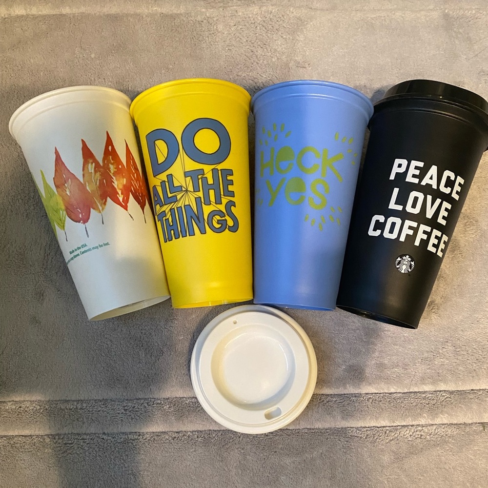 Set of 4 Starbucks hot cold cups with lids NWOT